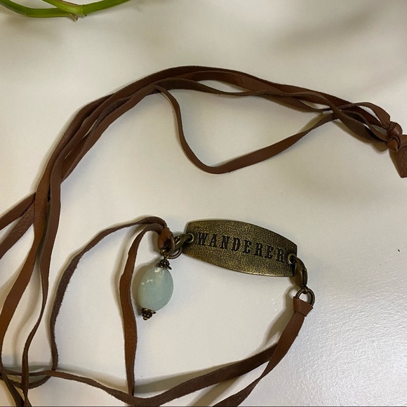 WANDERER Adjustable Tie Choker Necklace, Bronze, Brown Leather, Blue Stone - Picture 3 of 6